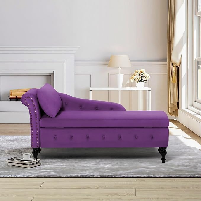 URBAN SIGNATURE Elegant Upholstered Chaise Lounge with Left Armrest & Lumbar Pillow Purple | Button Tufted Velvet Lounge Chair with Hidden Storage | Sofa for Living Room, Bedroom & Office