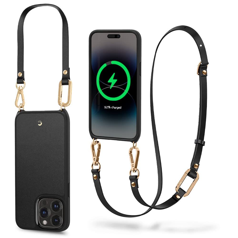 Spigen Cyrill Classic Charm Mag | iPhone 14 Pro Case | Crossbody Lanyard Strap iPhone 14 Pro Back Cover | Faux Leather+TPU+PC – Black
