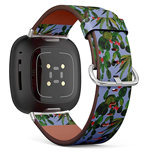 CJBROES Replacement Leather Watch Band, Compatible with Fitbit Versa 3 and Fitbit Sense of Wristband Bracelet Accessory - Watercolor Cactuses Flowers