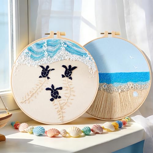 Image of Embroidery Kit for Beginner Adults, Stamped Cross Stitch kits for Adults Beginners, Ocean Hand Embroidery Starter Needlepoint Kit, 2 Set Embroidery Supplies, 2 Hoops (Attached Teaching Video QR Code)