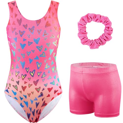 HOZIY Girls Gymnastics Leotards Outfits Sparkly Bow Back Unitards Biketard with Tumbling Shorts Hair band Kids 3-10 Years 4-5T Heart Pink
