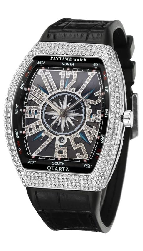 Gosasa Men's Fashion Cool Unique Tonneau Watch Bling Crystal Rhinestone Quartz Wristwatches with Rubber Strap