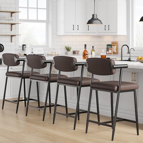 Image of GarveeHome Bar Stools Set of 6 with Arms, 26 inch Modern 6-Piece Counter Height Metal Barstools Set with Back & Footrest, Upholstered Wider Seat, Sturdy Frame, for Counter Bar, Kitchen Island, Retro Brown