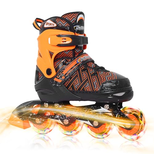 Nattork Adjustable Inline Skates for Youth Big Boys - with Light up Wheels - Orange Blade Roller Skating for Beginners Size 5 6 7 8 Ages 11 12 13 14 15