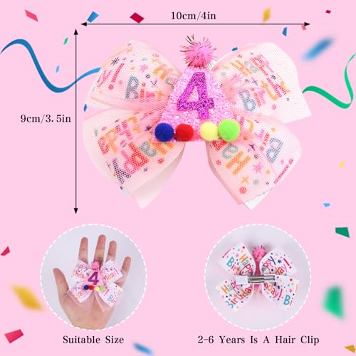 Winmany 2-Pack Birthday Hair Bows for Baby Girls, Strawberry Pink & Blue Headbands and Hair Clips with Sparkly Numbers for Ages 1-6, Cake Smash Photo Props & Party Accessories (Pink 4, 4 Years)2