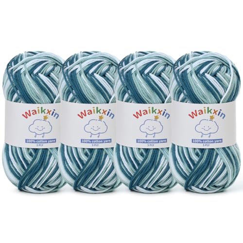 Image of Cotton Yarn for Crocheting - 524.9yds / 7.05oz Baby Yarn for Crocheting Soft - 100% Milk Cotton Yarn 5 Ply Crochet Amigurumi Yarn for Crafts&Puzzle /Socks /Hats(4 Blue-White)