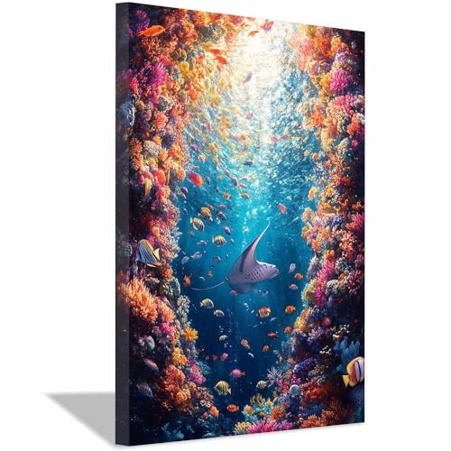 Peinture art déco récif corallien bleu 70x100cm pour décoration murale de salon
