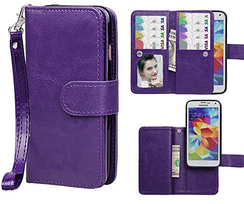 Case for Samsung S5,xhorizon TM FLK Premium Leather Folio Wallet Magnetic Wristlet Soft Flip Multiple Card Slots Case for Samsung Galaxy S5 i9600(Purple)