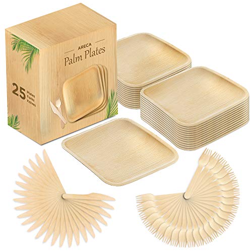 Flybold Palm Leaf Plates Biodegradable Plates Wood Plates Eco Friendly Disposable Plates With 25 Wooden Forks Knives For Dinner Outdoor Wedding Picnic Party 10 Inch Square Pack Of 25 cover