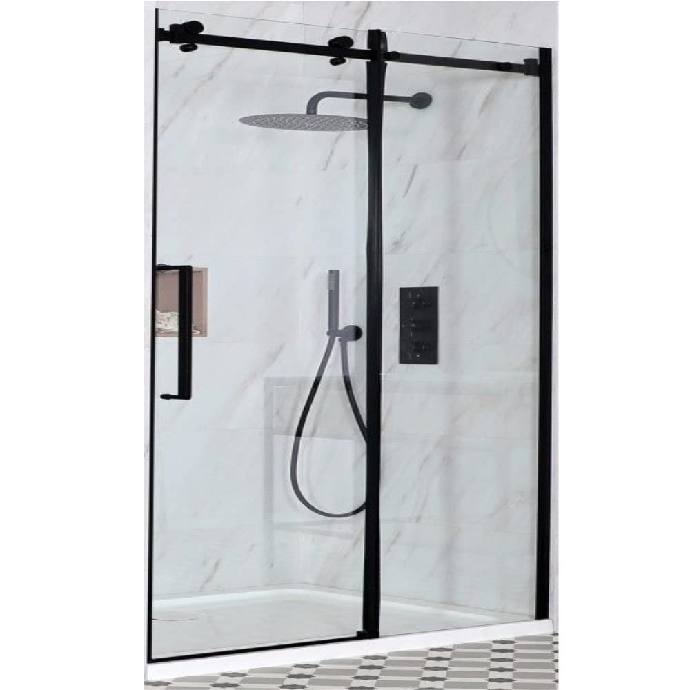 Milano Black/White Nero Recessed Frameless Sliding Door Shower Enclosure And Tray - 1400Mm X 800Mm