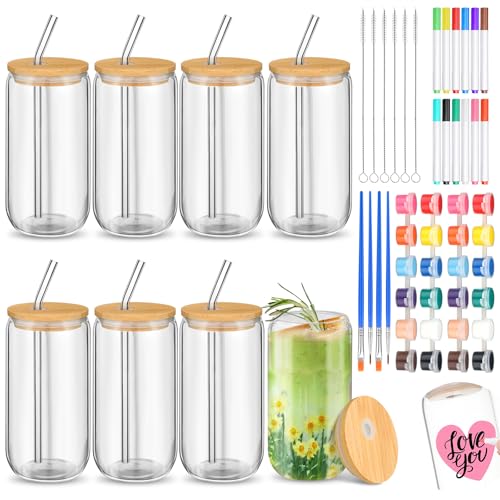 Pickmesh 8 Set Father's Day Craft Paint Your Own Glass Cups Kits 16 oz Tumbler with Lids and Straws 12 Pcs Markers 12 Colors Acrylic Paint with Brushes to Design Your Own Drinking Glasses Cups