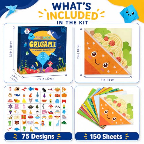 Image of FINEMOE 150 Origami Kit with Instruction Book for Kids - Craft Color Paper Sheets with 75 Design, 18x18 cm DIY Art Colour Paper Activity Kit Set, Return Gift For Birthday Party