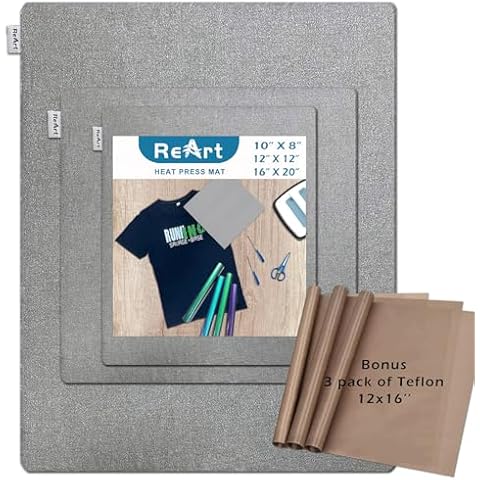 ReArt 3 Pcs Heat Press Mat 10" x 8" / 12" x 12" / 16" x 20" with 3 Pcs Teflon 12" x 16" for Cricut Easypress Both Sides Applicable - Cricket Craft Vinyl Ironing Insulation Transfer Heating Mats Cover