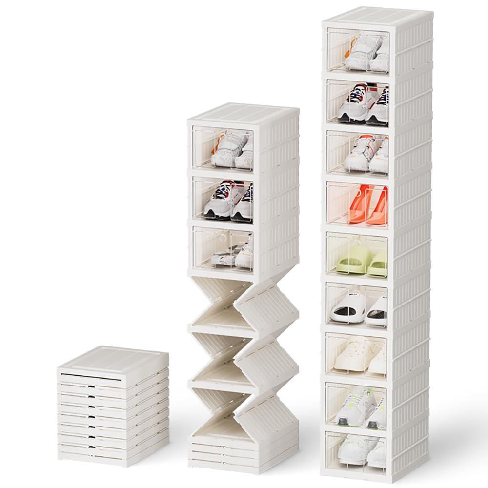 Foldable Shoe Storage Box, Collapsible Plastic Shoe Organizer with Doors Sturdy Easy to Assemble for Closet,Shoe Rack Boxes -9 Tier