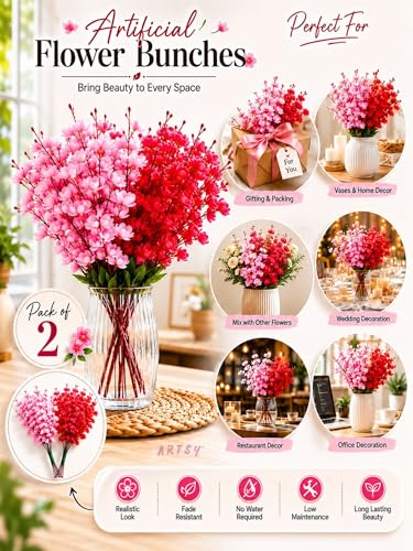 Image of ARTSY Artificial Flowers Bunch for Decoration Cherry Blossom, Ideal for vase, Home, Office Decor, Gifts, Craft, Artificial Plants for Decoration, Without vase, Pink Maroon, Combo, 2 Pieces