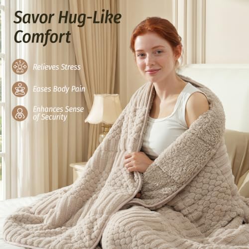 Image of Wemore Knitted Fleece Weighted Blanket for Adults, Beige Grey, 48 x 72 inches 15 lbs