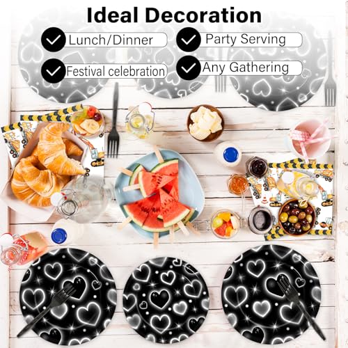 Image of Qyeahkj 100 Pcs 2000s Party Plates Napkins Forks Set Black Heart Tableware Supplies Y2k Theme Birthday Party Decoration Early 2000s Dinnerware Decorations Favors for Birthday Party Serve 25