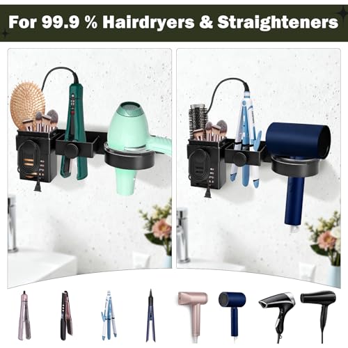 Rodison Föhnhalter Wand, 3-in-1 Haartrockner Halterung mit Aufbewahrungsbox and Kabelhalterung, Föhn Halterung & Glätteisen Halter Für Badezimmer, Barbershop & Schlafzimmer