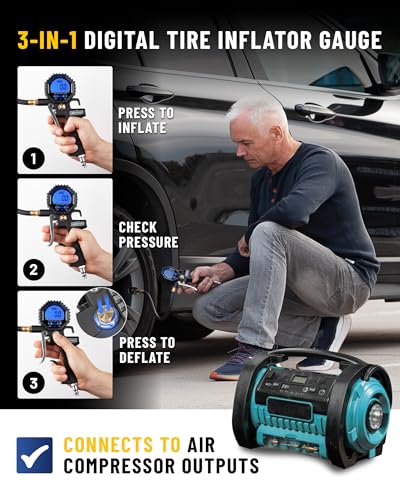 Digital Tire Pressure Gauge with Inflator (3-200 PSI), Heavy Duty Air Chuck and Compressor Accessories with Swivel Air Chuck, Longer Hose, Large Display (0.1 Res)
