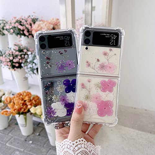 Shinymore Galaxy Z Flip 3 Real Flower Case, Soft Clear Flexible Rubber Pressed Dry Real Flowers Case Girls Women Glitter Shockproof Floral Cover For Samsung Galaxy Z Flip 3 -Purple Flower #TOP4