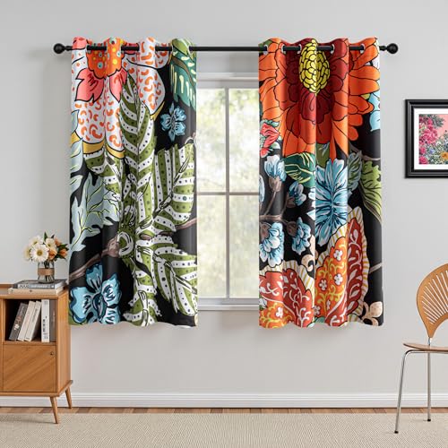 Image of MYSKY HOME Black Boho Floral Blackout Curtains & Drapes for Bedroom 63 inch Long Black Out Curtain with Botanical Leaf Design for Living Room Thermal Insulated Room Darkening Drape, Pack-2, 52Wx 63L