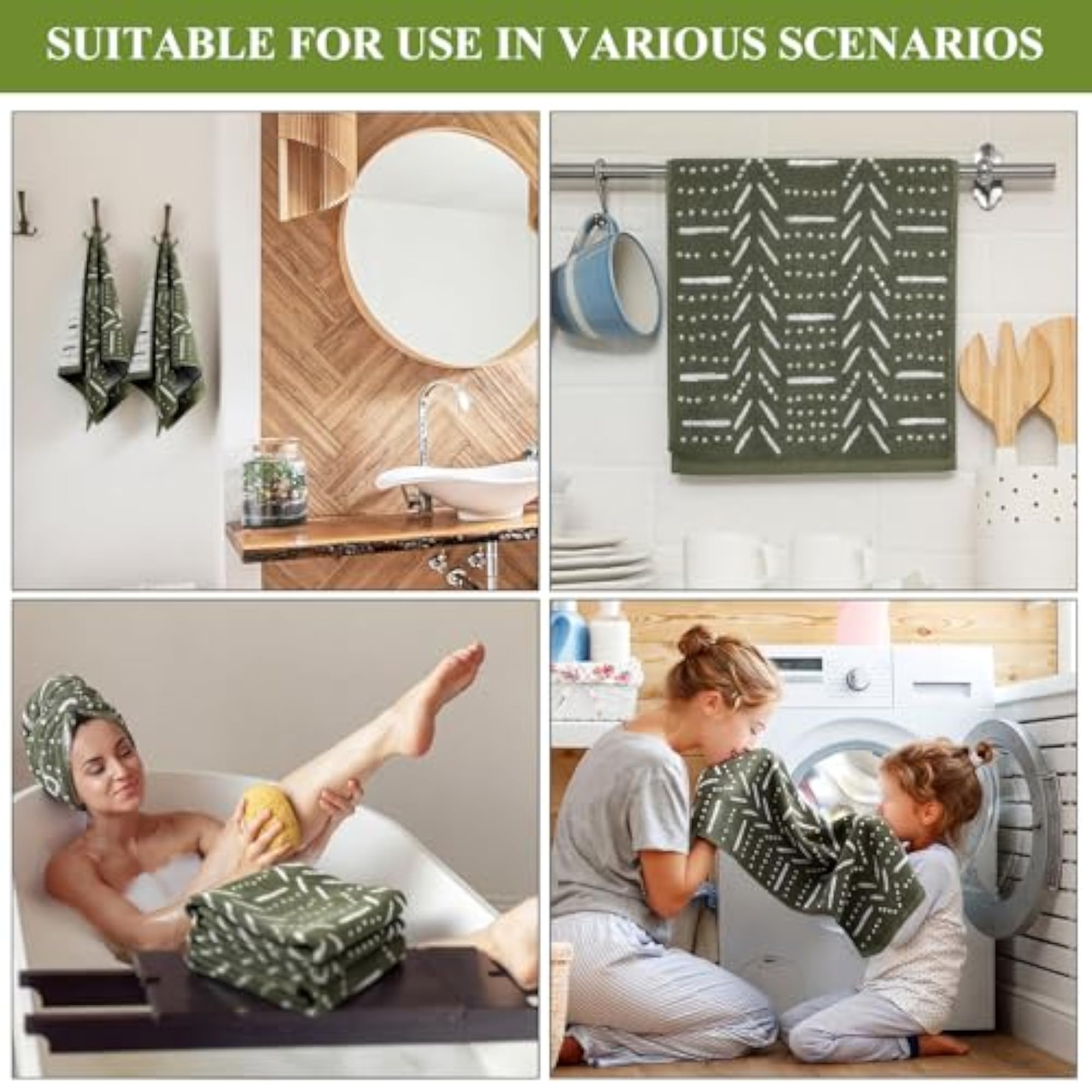 Olive Green Boho Aztec Hand Towels, Set of 2