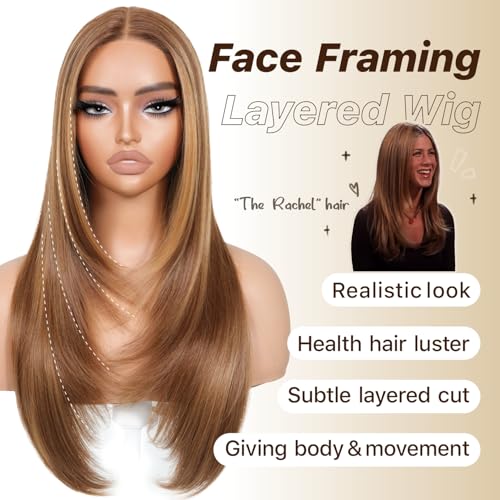 Wear and Go Glueless Wigs Pre Plucked Pre Cut for Beginners Honey Blonde Synthetic Lace Front Wigs For Woman Long layered straight Wigs with bangs 427 middle part wig 26 Inch - Image 3