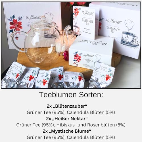 HerzensWahl Teeblumen Geschenkset mit Kanne | 6x Teeblumen, 1x Teekanne & Geschenkbox | Erblühtee | Teerosen Probierset | grüner Tee – Teeblumen & (Teekannen Set) für Teeliebhaber