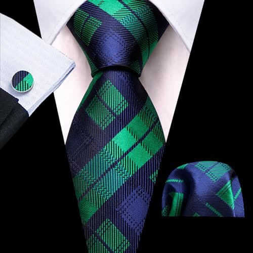 Image of Barry.Wang Plaid Ties Check Mens Necktie Set with Handkerchief Cufflinks Classic Stripe