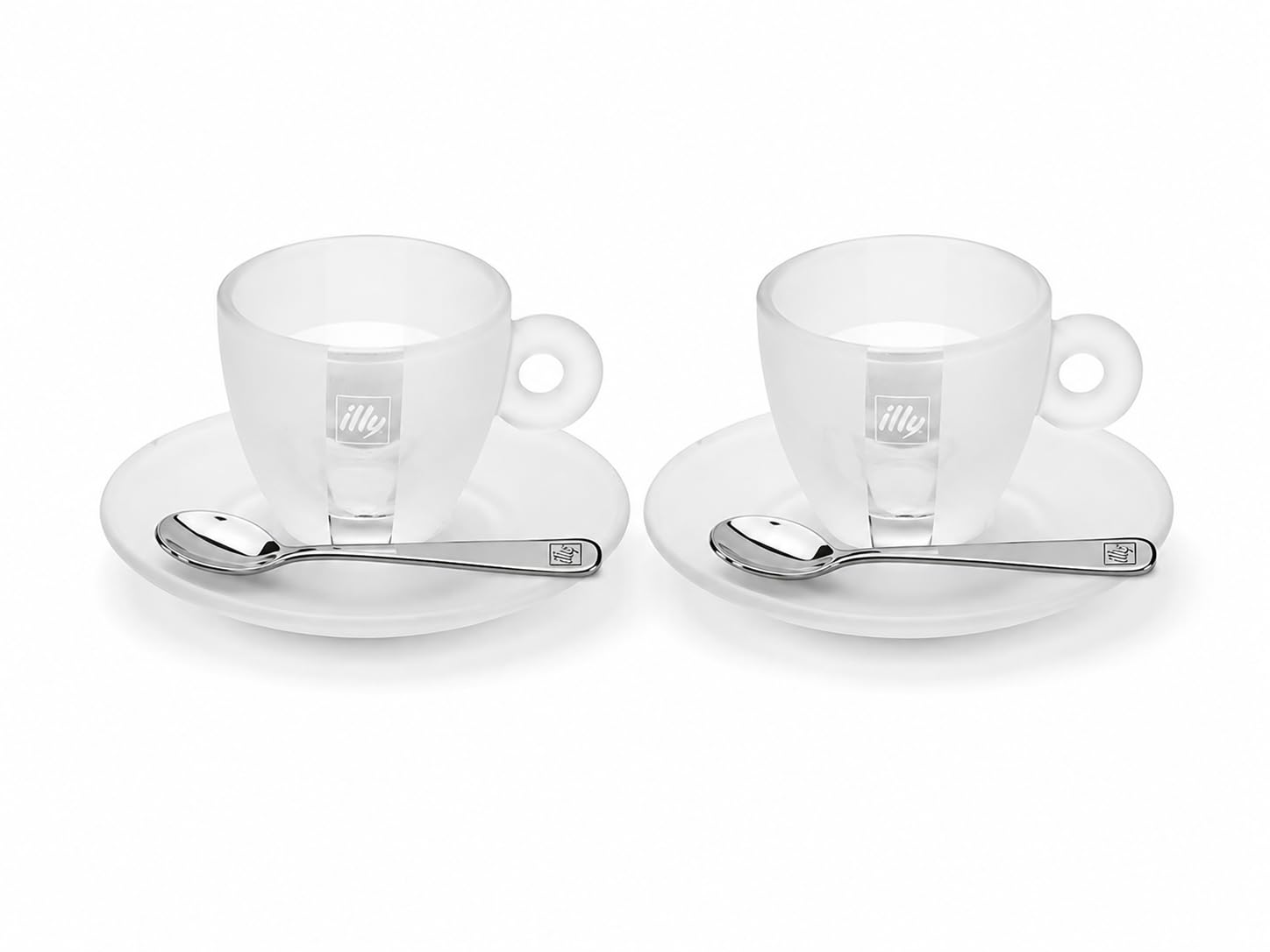 illy Iperespresso Experience Set mit 2 Tassen aus Glas mit Untertassen und 2 Löffeln | Design Matteo Thun, Löffel aus Stahl, transparent, kristallklar, verbessert die Creme, Set mit 2 Personen