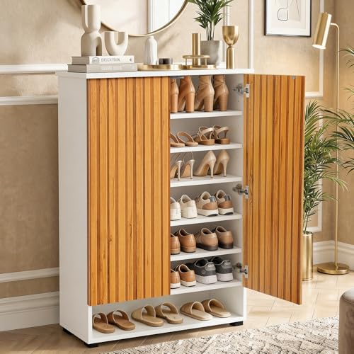 Image of ABOUT SPACE Shoe Cabinet - 7 Tier Shoe Rack with Door & Open Bottom Storage|Press Open 2 Door Engineered Wood Shoes Stand for Home | Smooth Non-Fluted-Effect Adjustable Shelf 18-21 Pair |White & Teak
