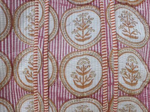 Image of Quilted Cotton Handprinted Reversible Large multicolor Floral Tote Bag,Hand Block Print Shopping Shoulder Carry Bag