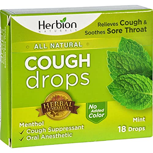 Herbion Naturals Cough Drops with Natural Mint Flavor, 18 Ct - Oral Anesthetic, Relieves Cough, Soothes Sore Throat and Dry Mouth - for Adults, Children 6 Years and Above, Transparent