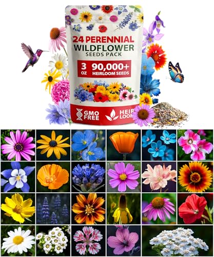HOME GROWN 𝗨𝗦𝗔 𝗣𝗥𝗘𝗠𝗜𝗨𝗠 90,000+ Wildflower Seeds Mix 3oz 24 Varieties Non-GMO Perennial Flower Seeds for Planting Outdoors Butterfly & Pollinator Flower Mix Attract Bees Birds & Hummingbirds