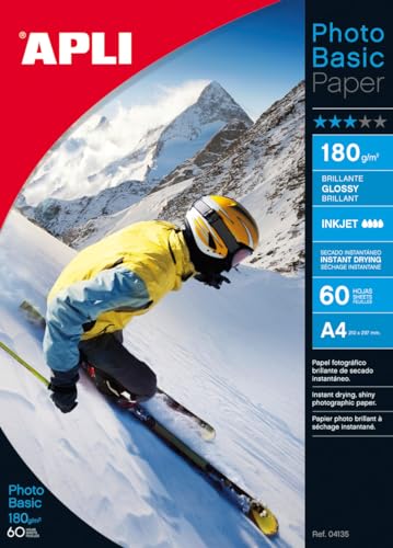 Papier photo brillant 210 x 297 mm Apli 180g séchage instantané pour images nettes