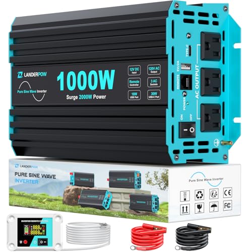 LANDERPOW 1000 Watt Pure Sine Wave Inverter, Power Inverter for Car, Camping, Solar, RV, Truck, Home, 12V DC to 120V AC Inverters with 3 AC Outlet, 30W USB-C, 5V 3.1A USB, Remote Control, Surge 2000W