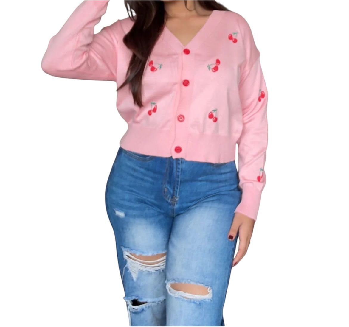 Women's Pink Cherry Print Cardigan, V-Neck Long Sleeve Button Down Sweater, Casual Knit Top-picture-29