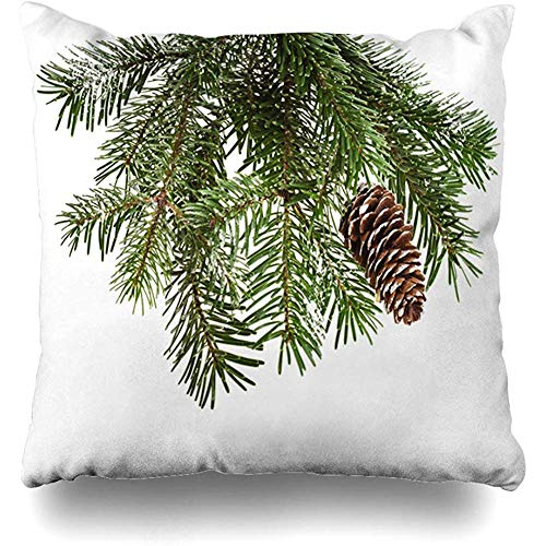 Fodera per cuscino da tiro 18X18 (45 x 45 cm) Fogliame Verde Natale Sempreverde Abete Ramo su cono bianco Natura Pino Parchi Pianta Neve Inverno Federa
