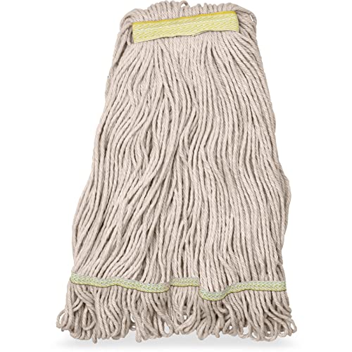 Image of SPARTA Flo-Pac Acrylic Mop Head, Loop-Ended, Narrow Band with 1 inch Yellow Band for Organized Cleaning, Small, Natural (Pack of 3)