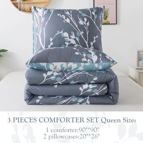 Andency PLANT-BRANCH-HUILAN-Q Queen Size Comforter Set Grey (90X90 Inch) - 3 Pieces Soft Lightweight Microfiber Branches Bedding Comforter Set thumb #6