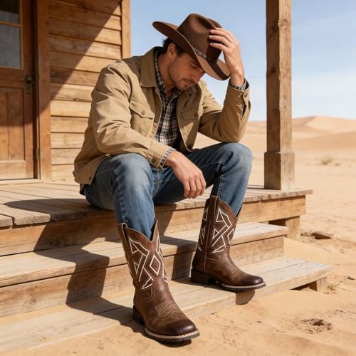 Image of Cowboy Boots for Men Western Square Toe Embroidered Slip Resistant Durable Ankle Boots for Spring Fall