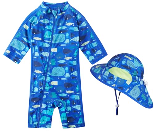 Image of Baby Boy Swimsuit Rash Guard Toddler Sun Protection Swimwear Infant One Piece Bathing Suit with Sun Hat