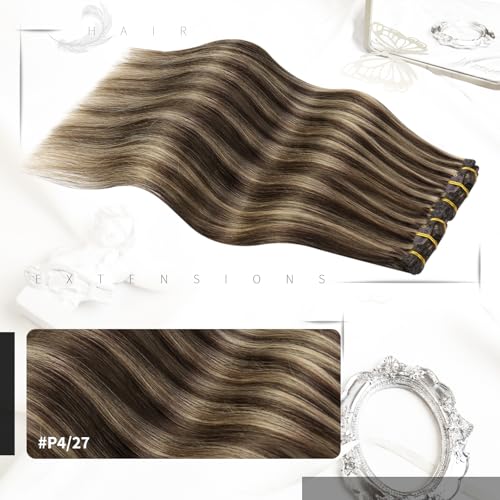 Moresoo Clip in Hair Extensions Real Human Hair Dark Brown Highlighted Caramel Blonde Clip in Real Hair Extensions 22 Inch 7 Pieces/120g #P4/27 - Image 2