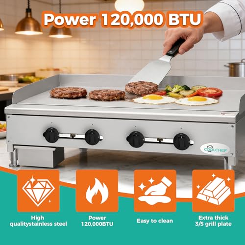 Image of 48 inch Commercial Gas Griddle,120,000 BTU Countertop Flat Top Grill, 4 Independent Burners, Heavy-Duty Stainless Steel Body, NG /LP Convertible, ETL Certified