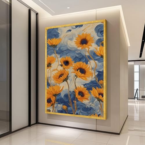 Tableau sur toile tournesols grand format 70x100cm avec affiches et impressions bleues