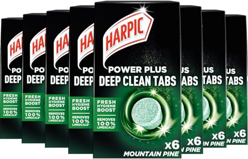 Harpic Power Plus - Pastillas de limpieza profunda para inodoro, pino de montaña, 6 tabletas, limpieza profunda sin frotar, elimina 100% cal, limpiador de inodoro, paquete de 8