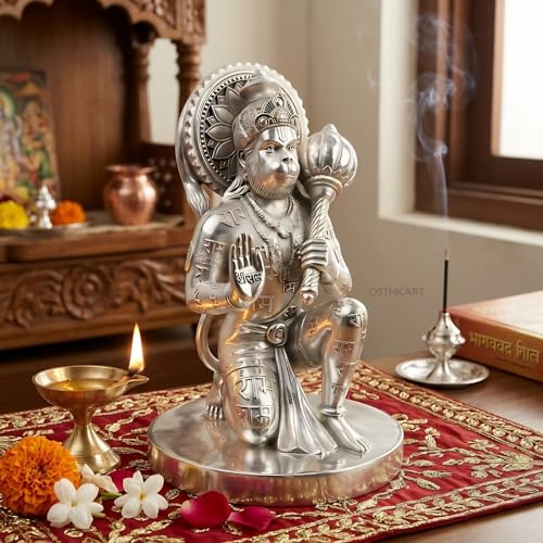 Image of Hanuman Ji Murti for Car Dashboard - 4 Inch Silver Polyresin Idol | Bajrangbali Statue for Home, Office & Mandir | Spiritual Showpiece | Housewarming, Birthday, Diwali Gift