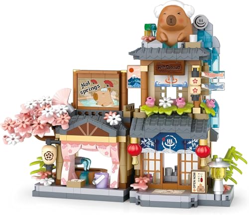 Image of Kawaii Capybara Hot Spring House Mini Building Blocks Set, 570+ PCS Cute City Street View Architecture Model Kit for Ages 14+ | Collectible Home Decor Toy with 1 Year Manufacturing Warranty