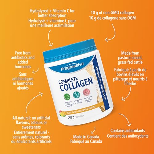Progressive Complete Collagen Citrus Twist, Canadian-Made, for Healthier Hair, Skin, Nails and Joints. Grass-Fed Non-GMO with Antioxidants, Hydrolyzed with Vitamin C for Best Absorption, 500 g - Image 3