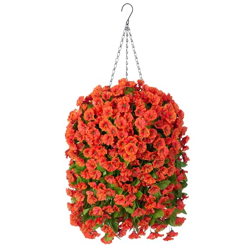 Image of Ammyoo Artificial Faux Hanging Flowers Basket for Fall Outdoor Porch Decor | Fake Silk Colorful Morning Glory Eucalyptus in Planter UV Resistant Look Real for Home Balcony Yard(Orange)